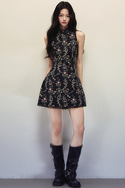 Floral Print Stand Collar Sleeveless Dress
