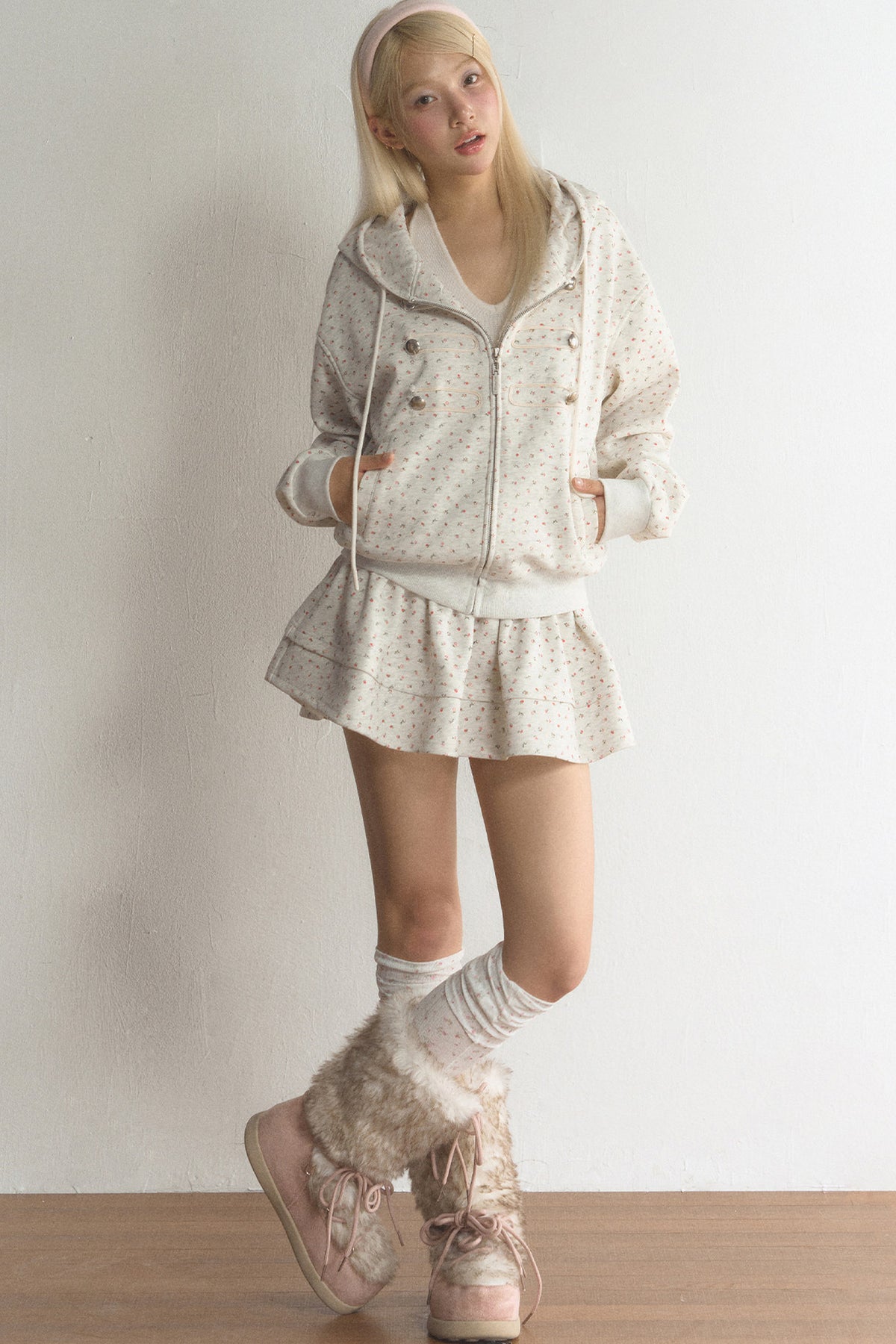 Floral Hooded Cardigan and Skirt Set-Up