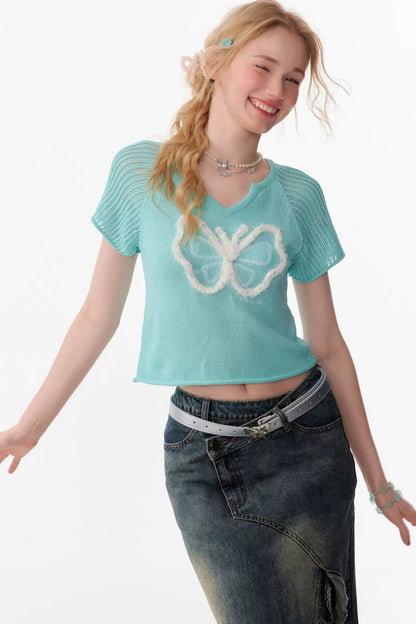 Top Raglan a Maglia con Farfalle 3D