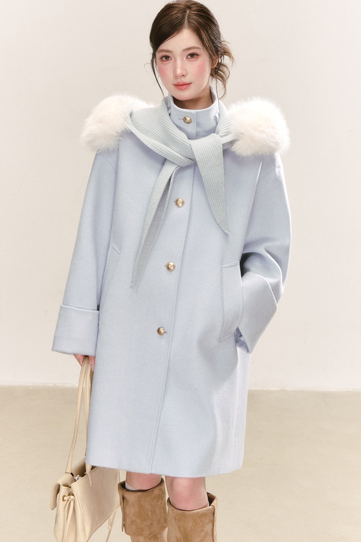 Cappotto in misto lana con collo in pelliccia rimovibile