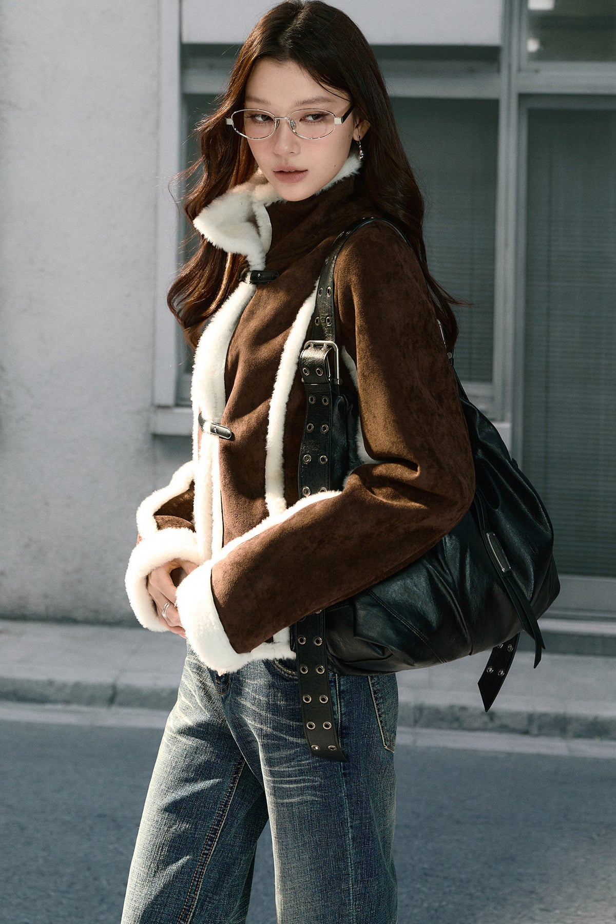 Brown Stand Collar Shearling Jacket