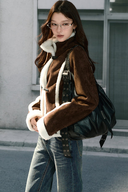 Brown Stand Collar Shearling Jacket