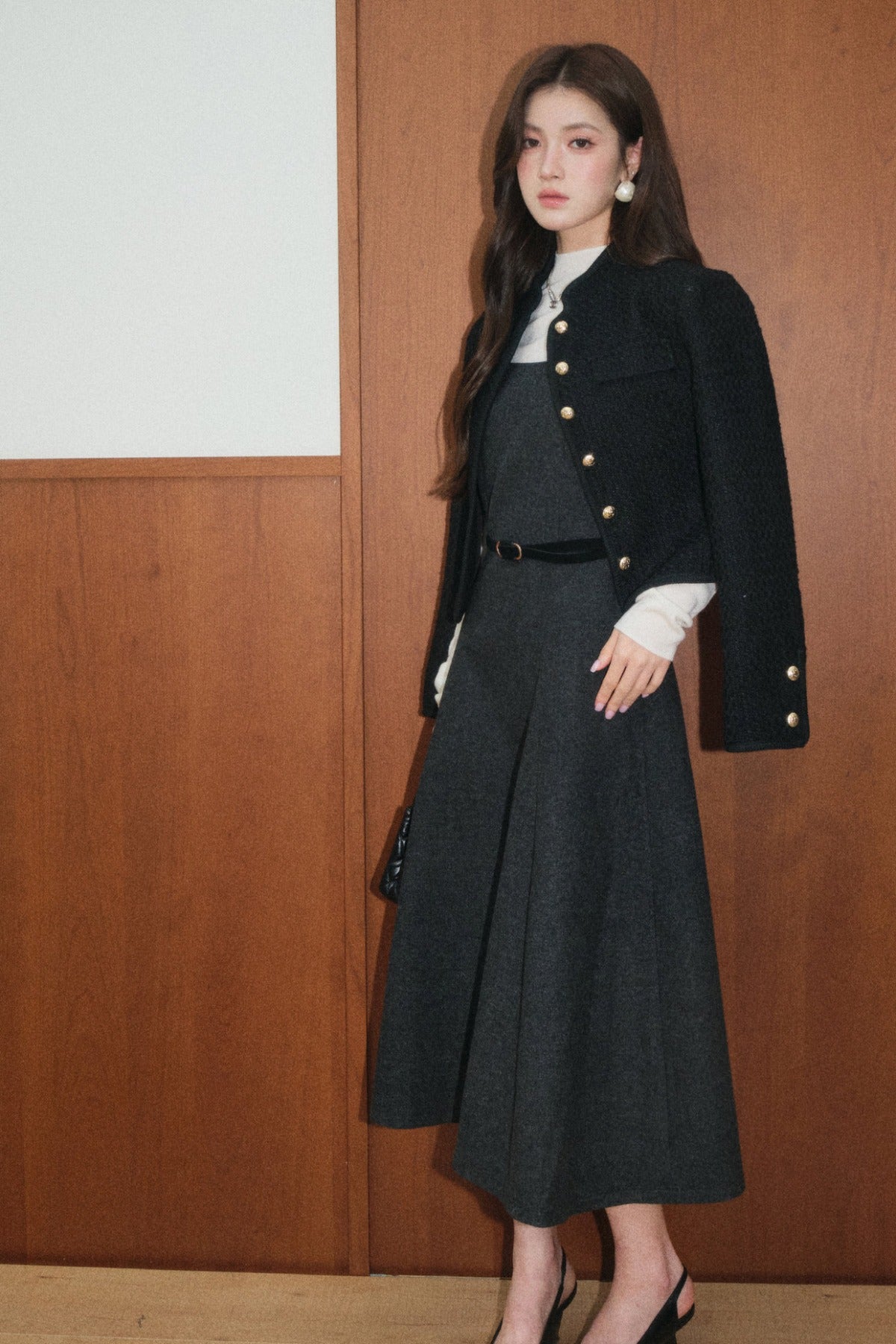 Black Tweed Jacket and Square-Neck Dress Set-Up