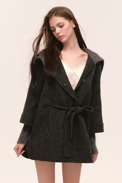 Asymmetrical Knit Collar Tie-Up Wool Coat