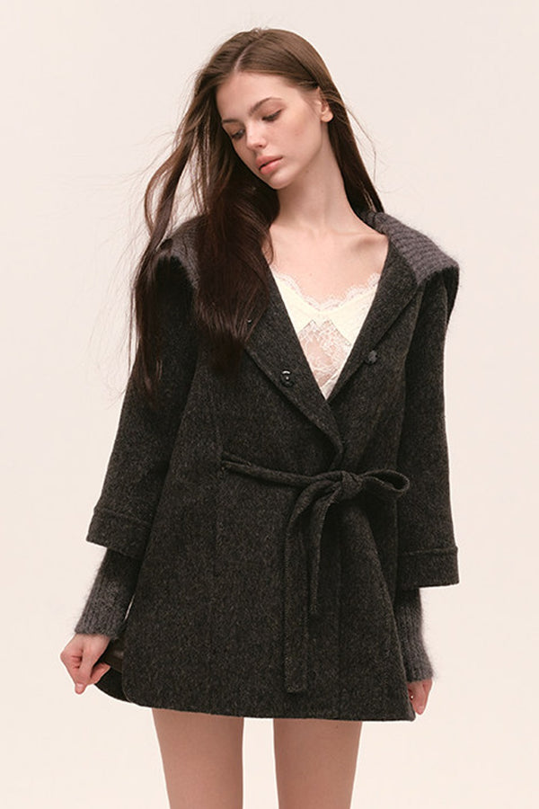 Asymmetrical Knit Collar Tie-Up Wool Coat