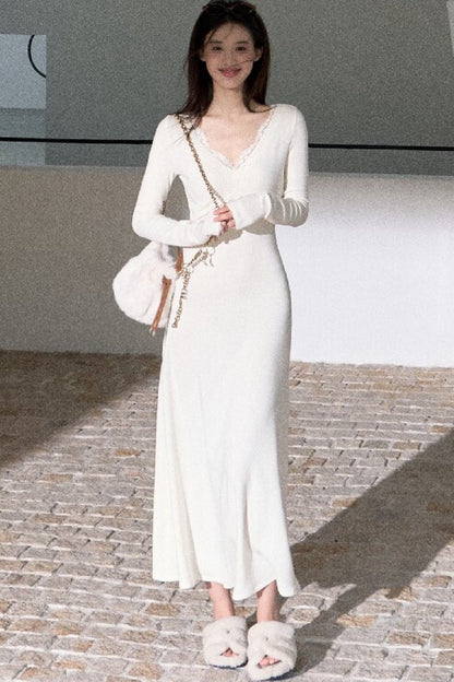A-Line Lace Splicing Knit Long-Sleeve Dress