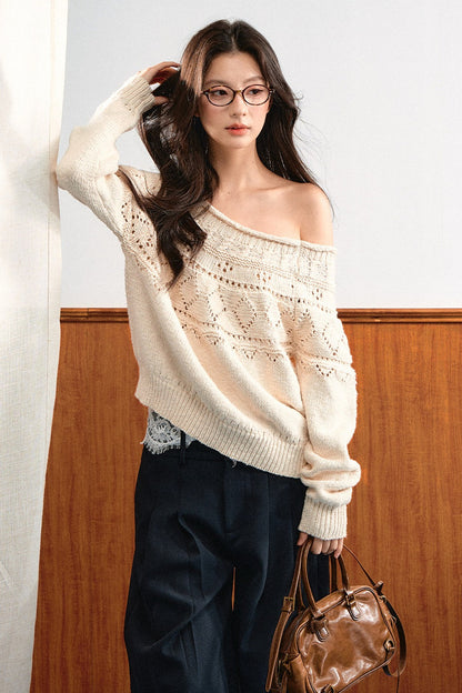 Off-Shoulder Diamond Knit Top