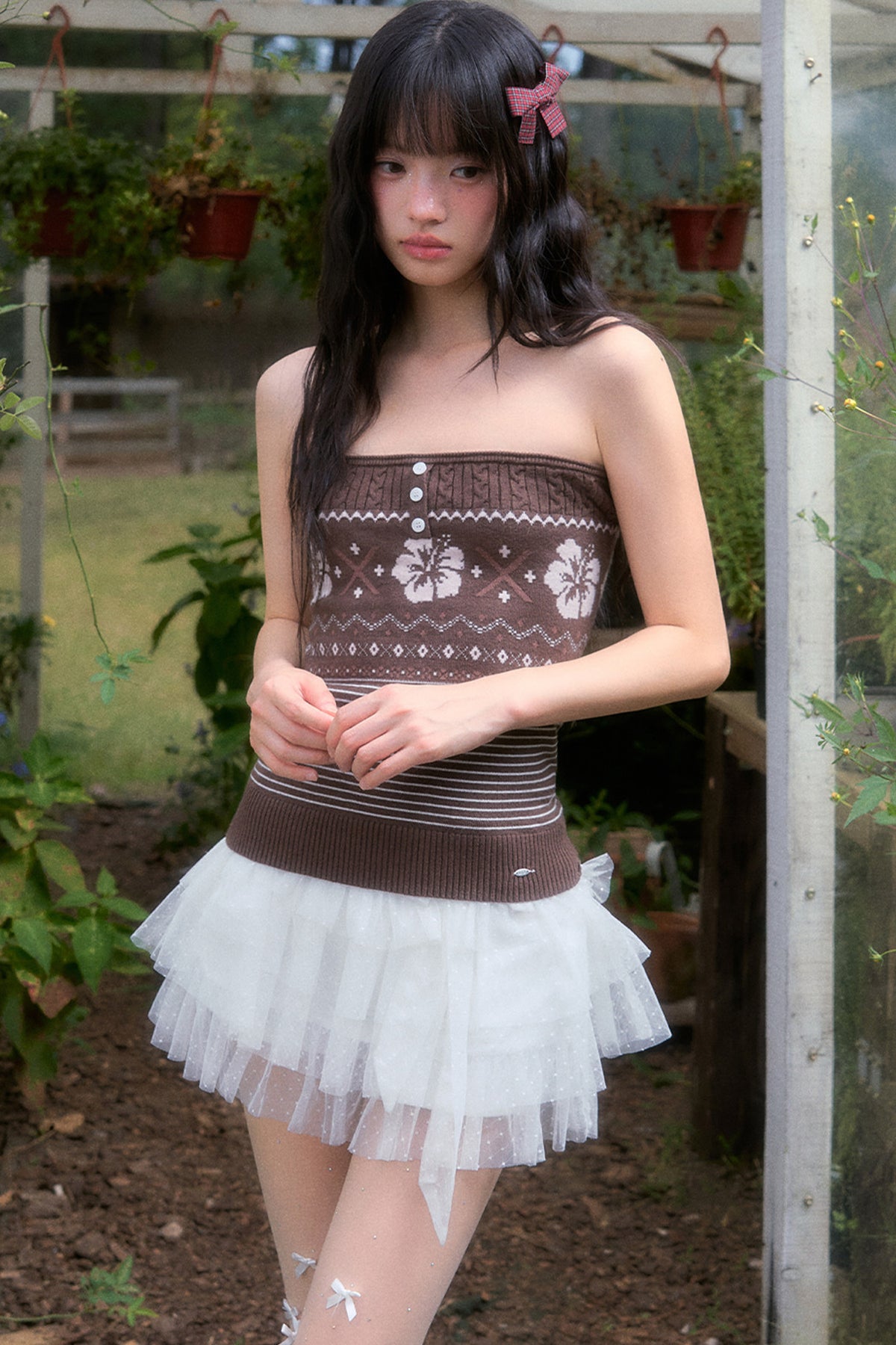 Brown Fair Isle Knit Tube Top and Cardigan Set-Up