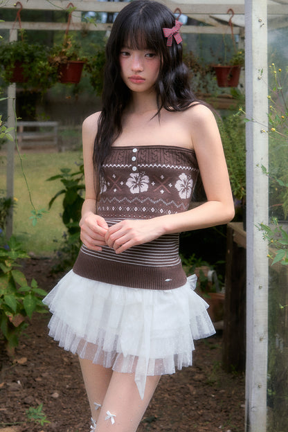 Brown Fair Isle Knit Tube Top and Cardigan Set-Up