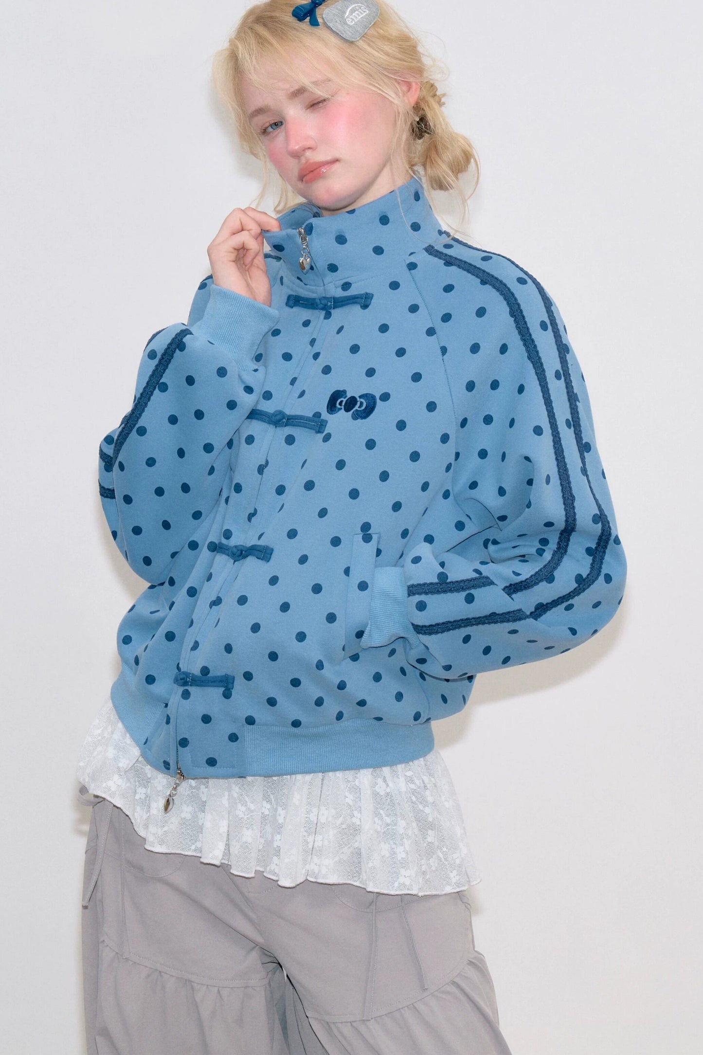 Blue Polka Dot Zipper Hoodie Jacket