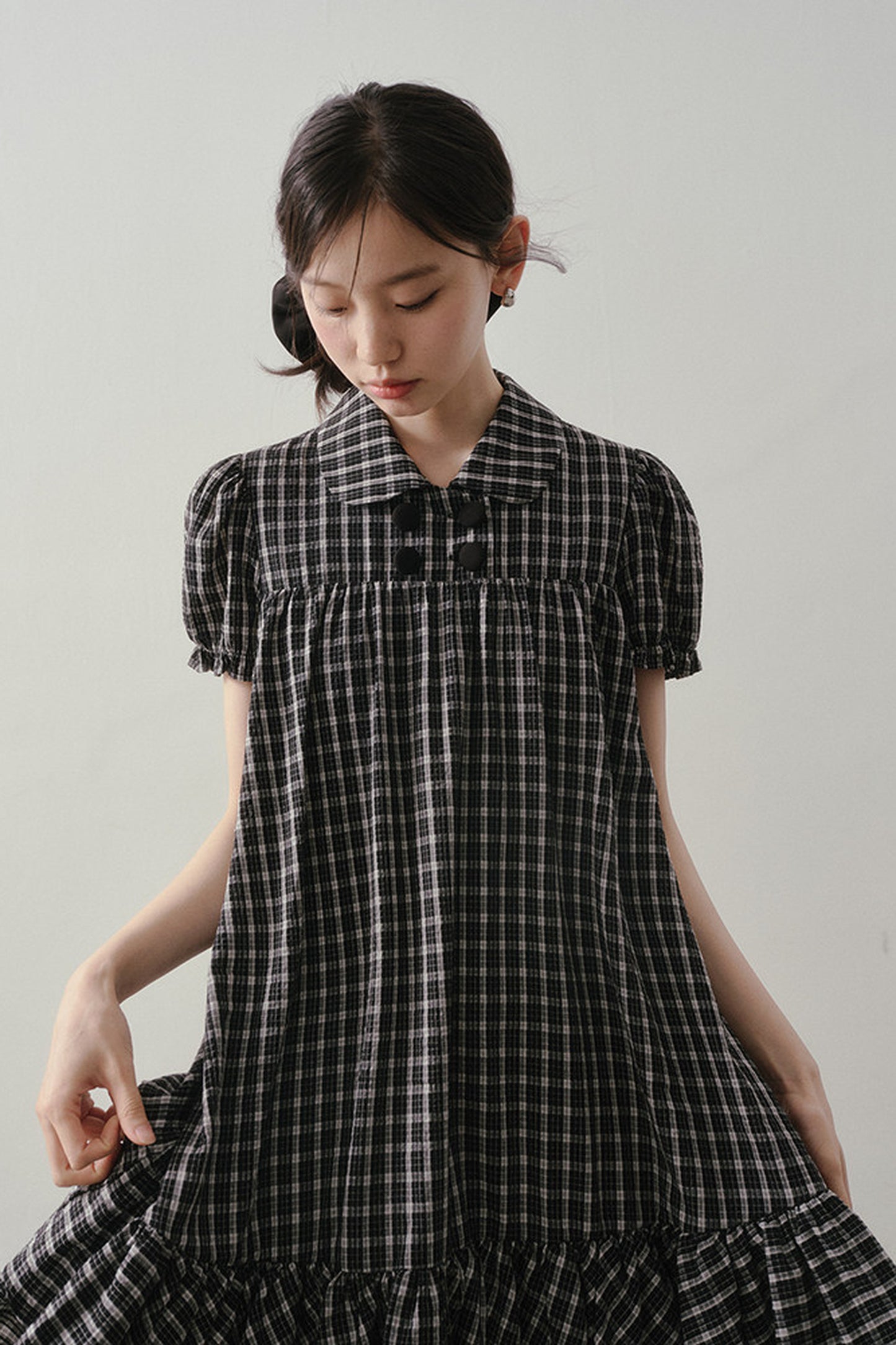 Plaid Doll Collar Puff Sleeve Ruffle Dress