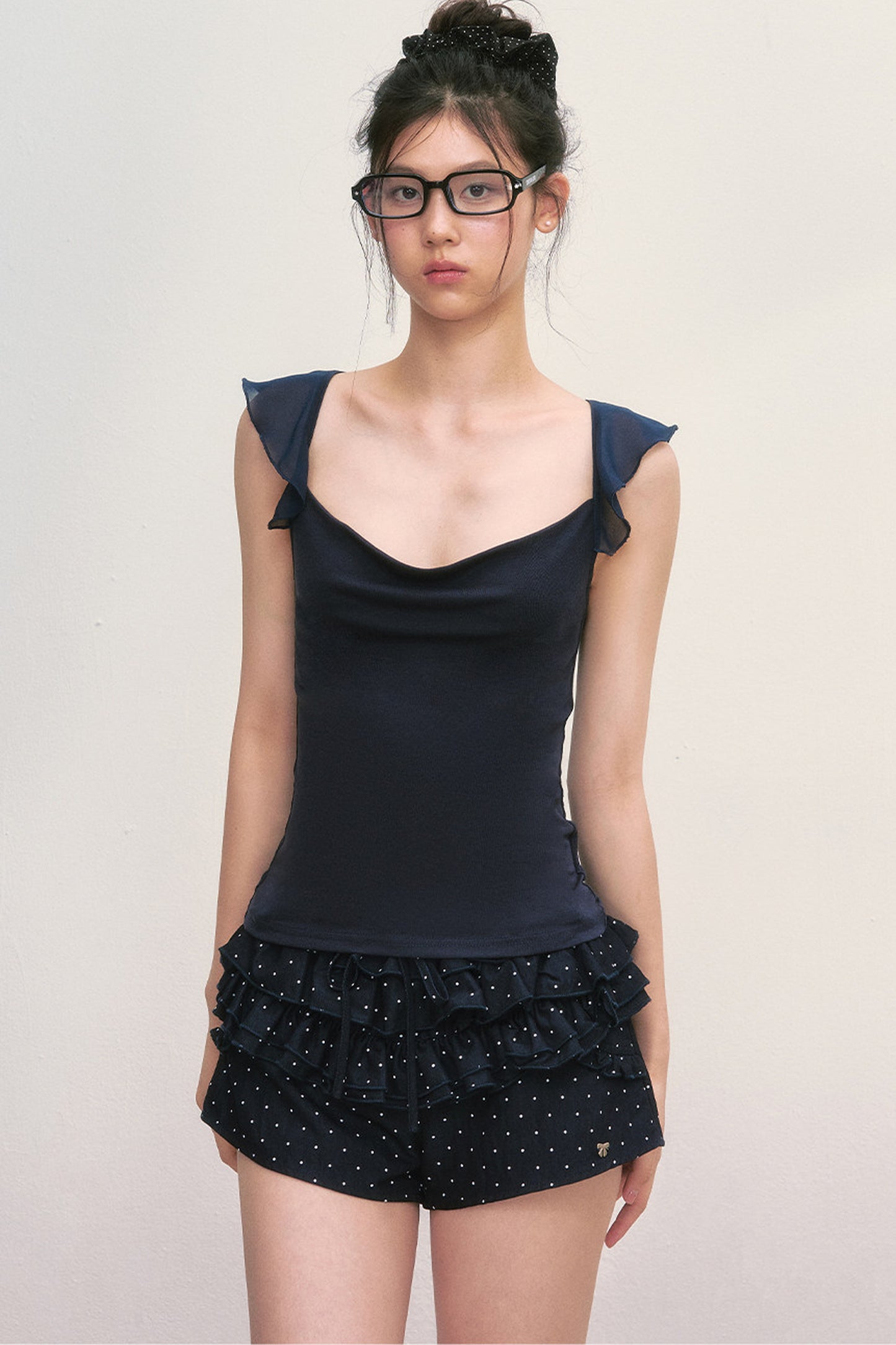 Navy Blue Flutter-Sleeve Chiffon Camisole