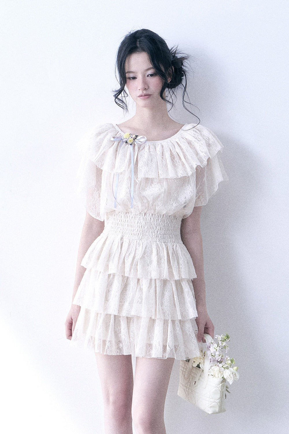 Layered Lace Ruffle Flutter Sleeve Tiered Dress