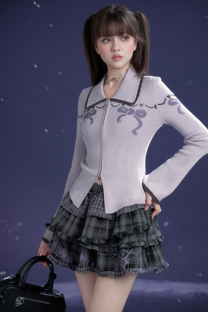 Milk Purple Bow Jacquard Turn-Down Collar Cardigan Top
