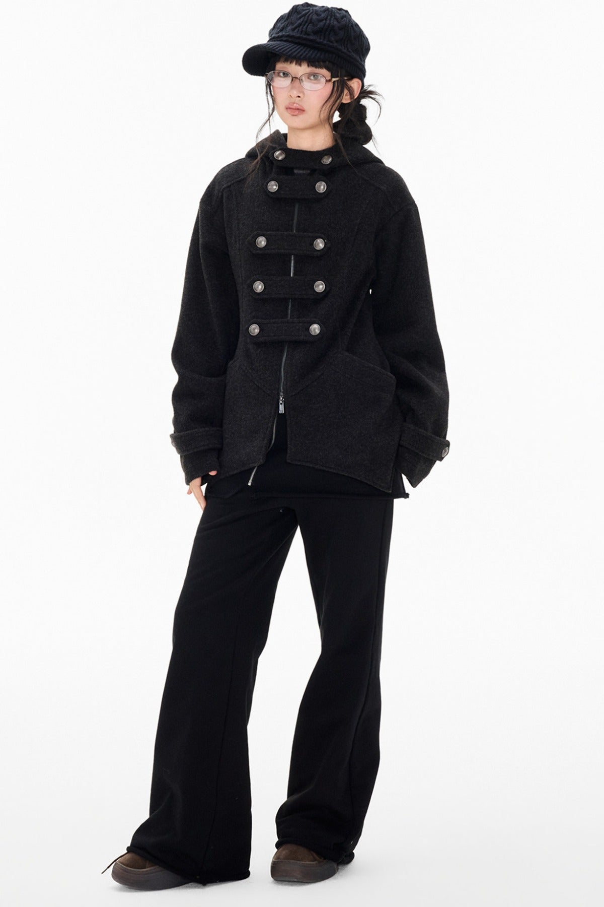 Woolen Hooded Irregular Hem Jacket