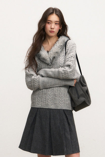 Fur Collar Knit Top and Skirt Set-Up