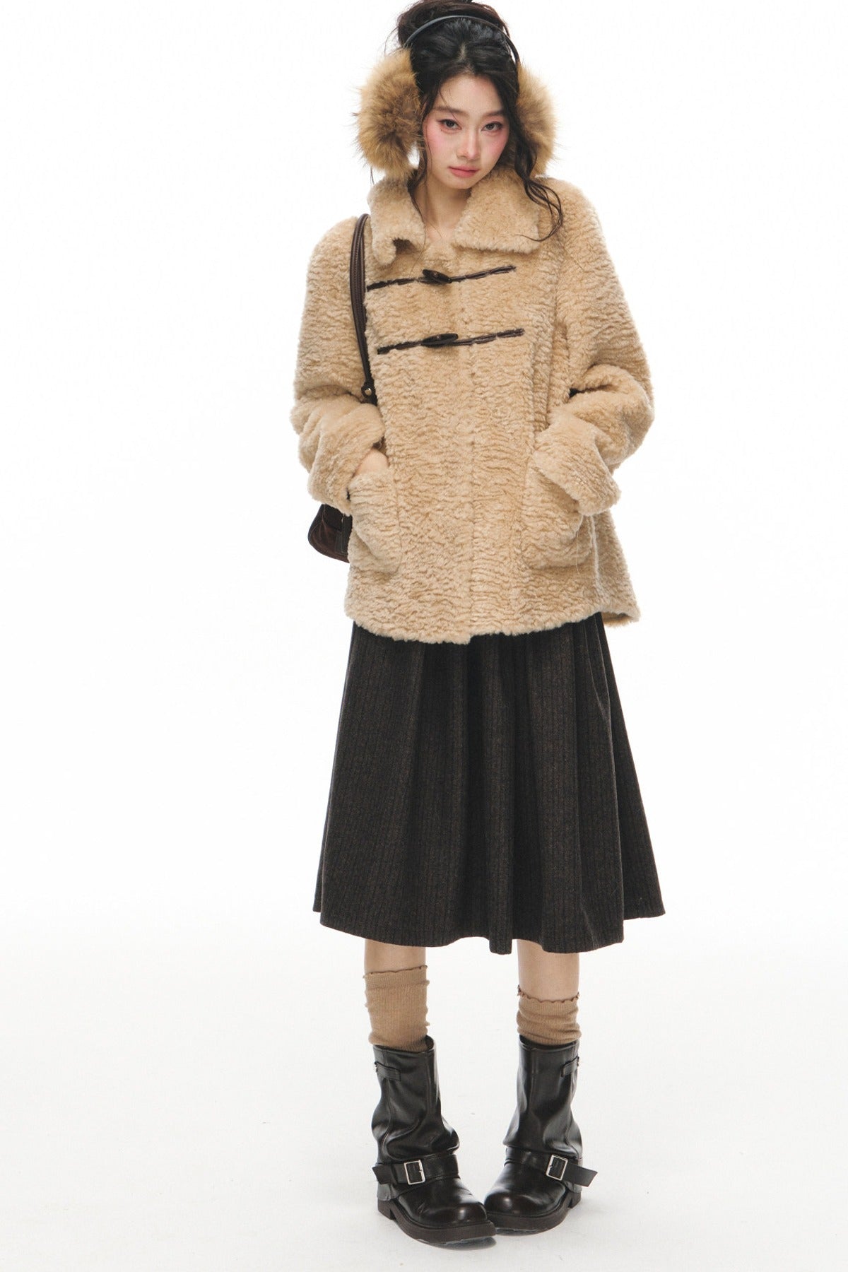 Fur Collar Horn Button Jacket Skirt Set-Up