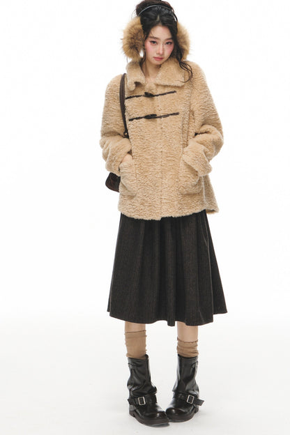Fur Collar Horn Button Jacket Skirt Set-Up