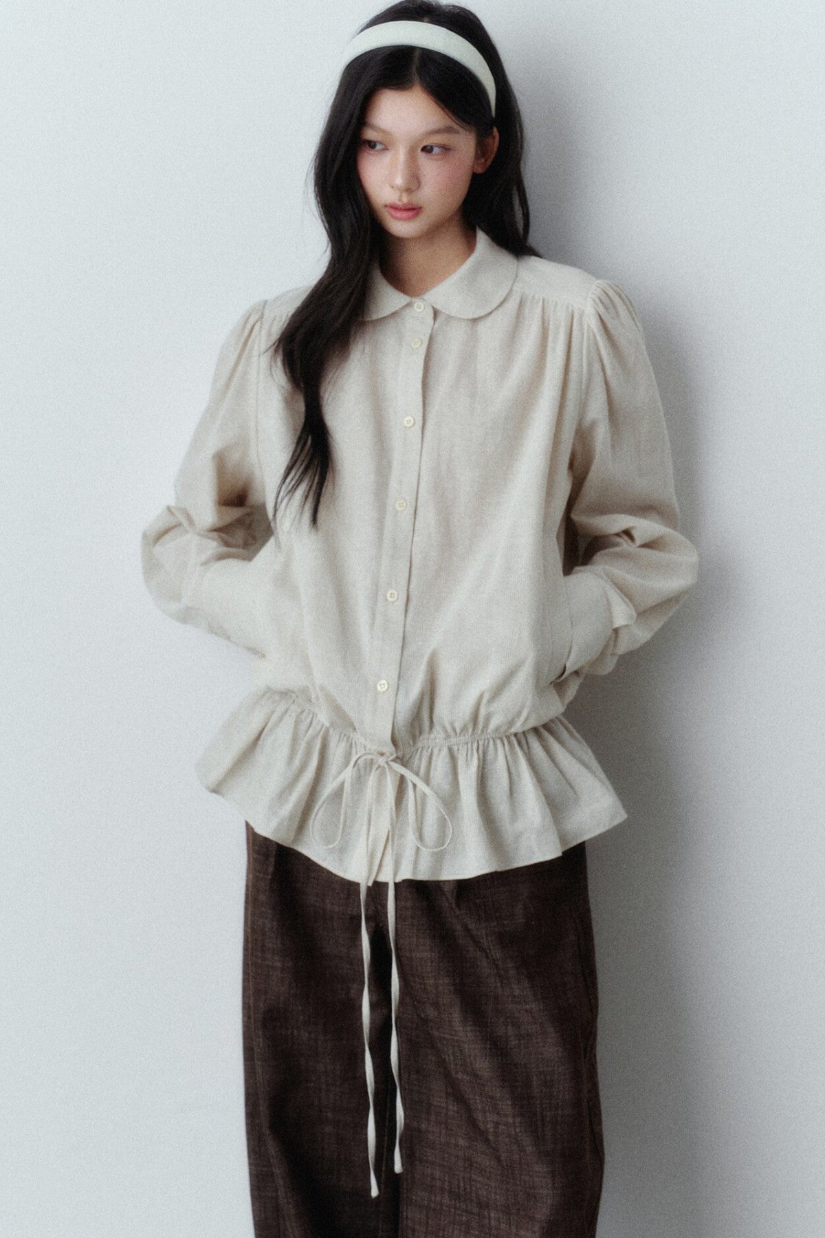 Low-Waist Ruffle Linen Shirt