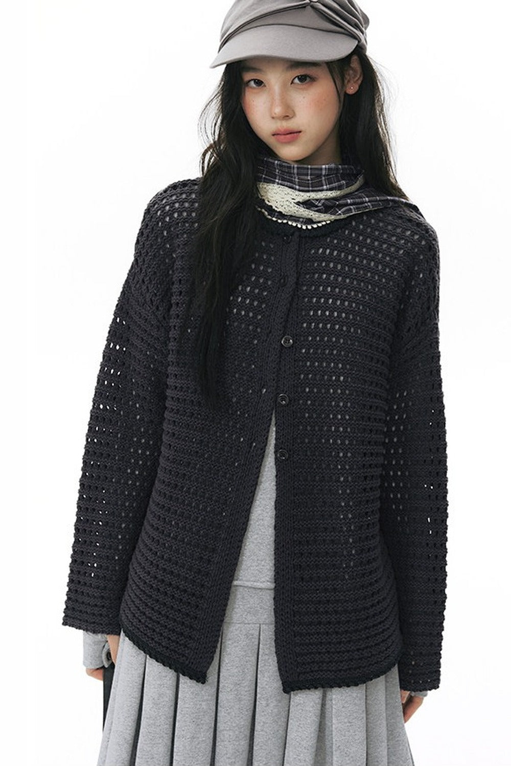 Solid Color Hollow Knit Cardigan