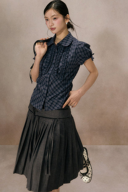 Navy Plaid Ruffled Short Sleeve Shirt
