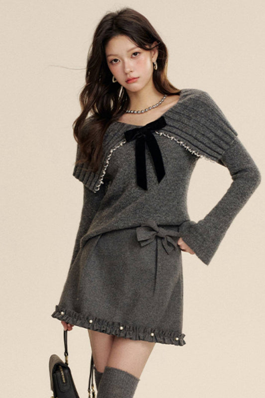 Bow-Knot Pearl Knit Sweater and Skirt Set-Up