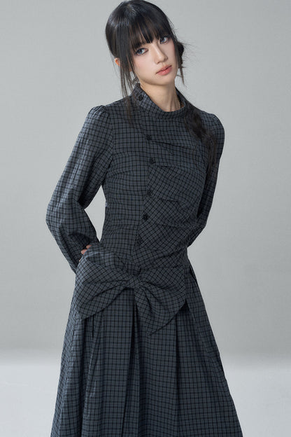 Plaid Bow Long Sleeve Dress