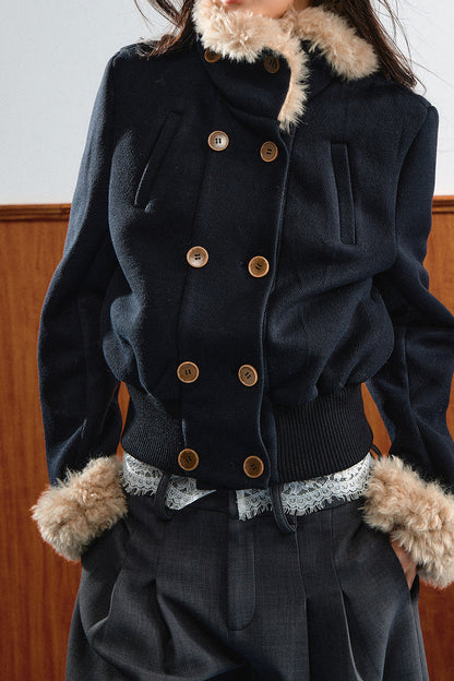 Double-Breasted Fur Trim Jacket