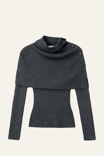Long-Sleeve Wool Lyocell Knit Top and Detachable Cape Shawl Set