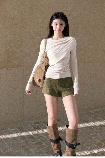 Gold Thread Wool Blend High-Waisted Shorts