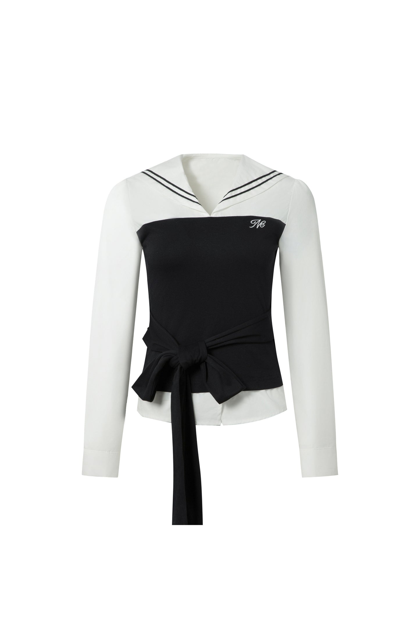Marineblaues Set aus Bluse mit Kragen und Punkten