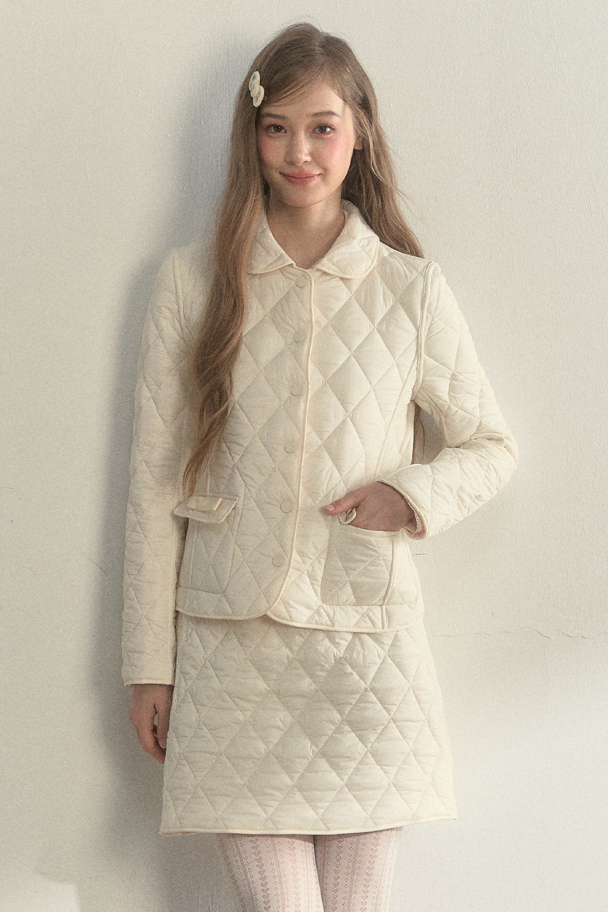 Cream Quilted Doll Collar Top and Skirt Set-Up