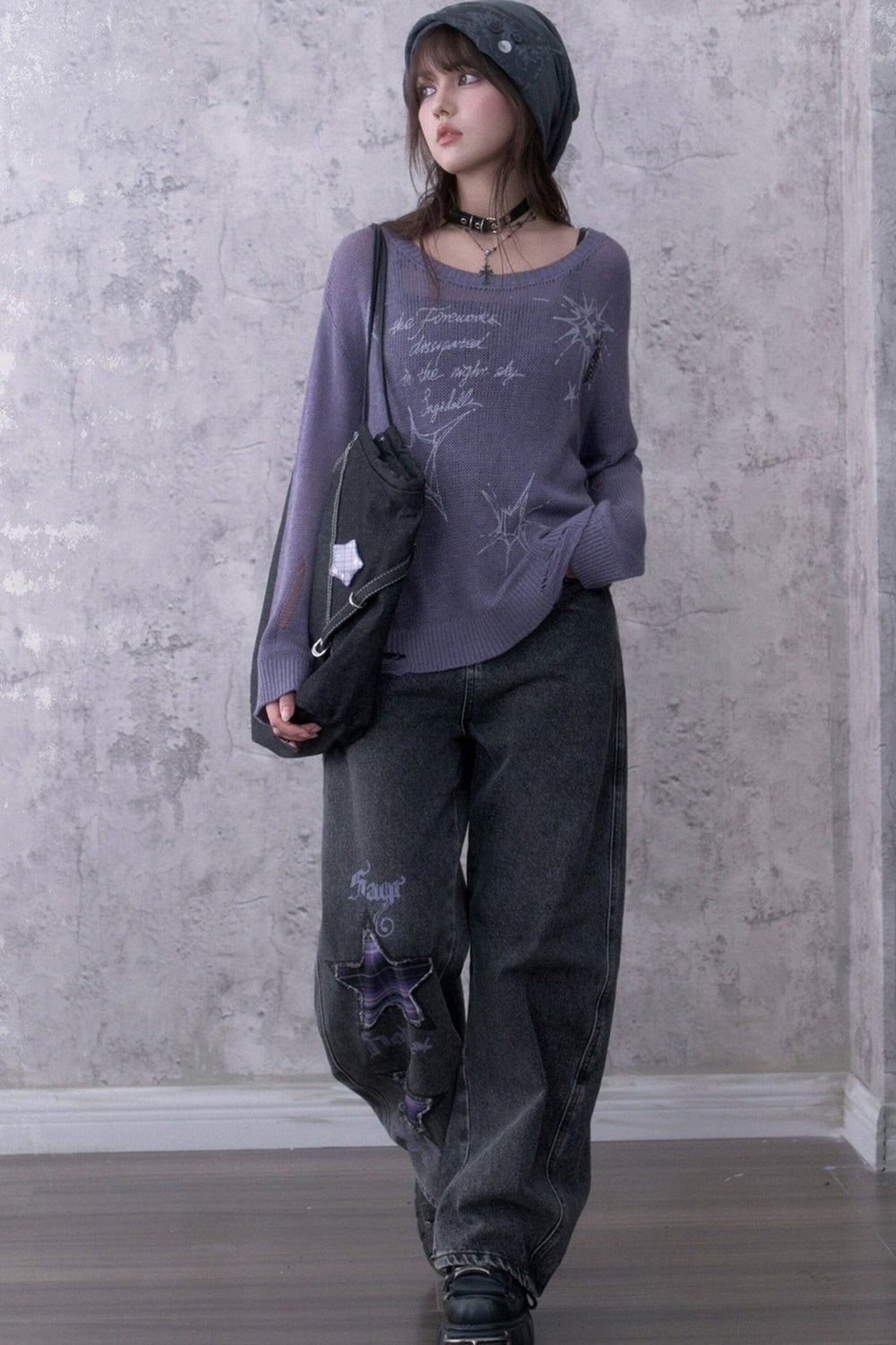Purple Ripped Knit Print Sweater