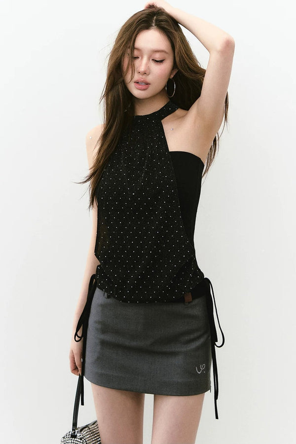 Blusa de malla brillante con tiras al cuello