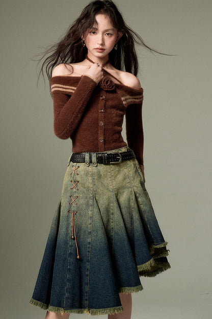 Rose Cross-Strap Off-Shoulder Sweater