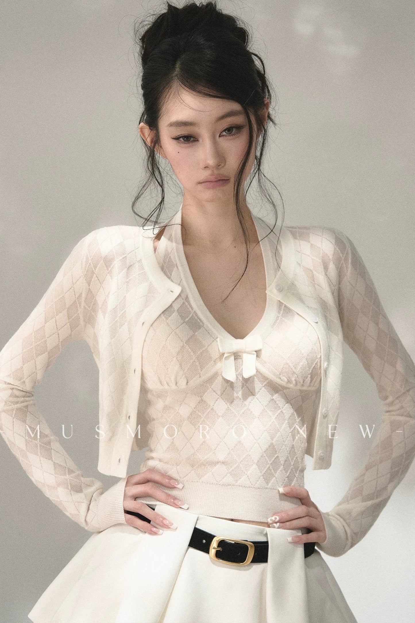 Grey Argyle Knit Cardigan With Camisole Set-Up