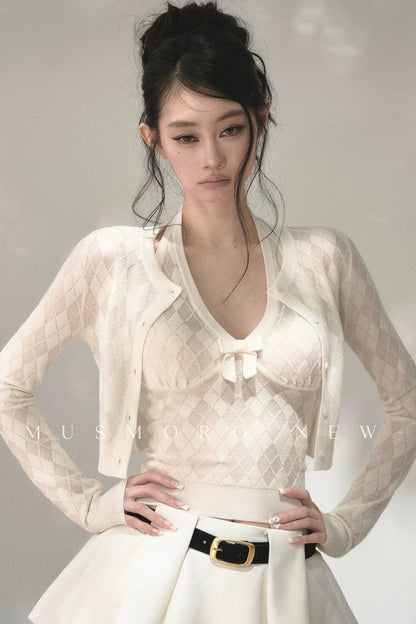 Grey Argyle Knit Cardigan With Camisole Set-Up
