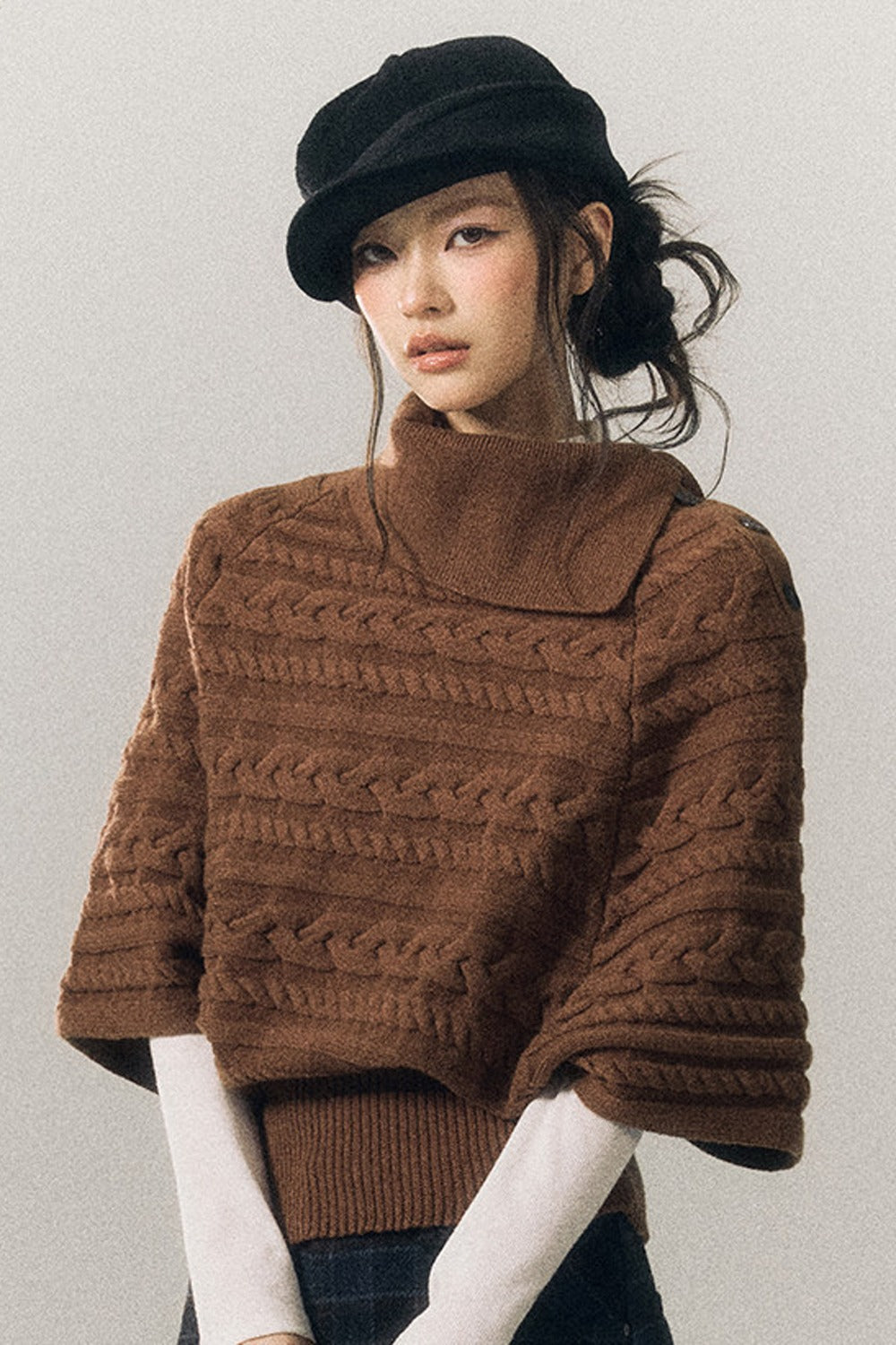 Cable Knit Lapel Cape Sweater