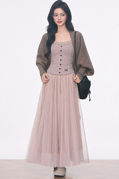 Ensemble 3 pièces en maille avec cardigan à manches chauve-souris et jupe