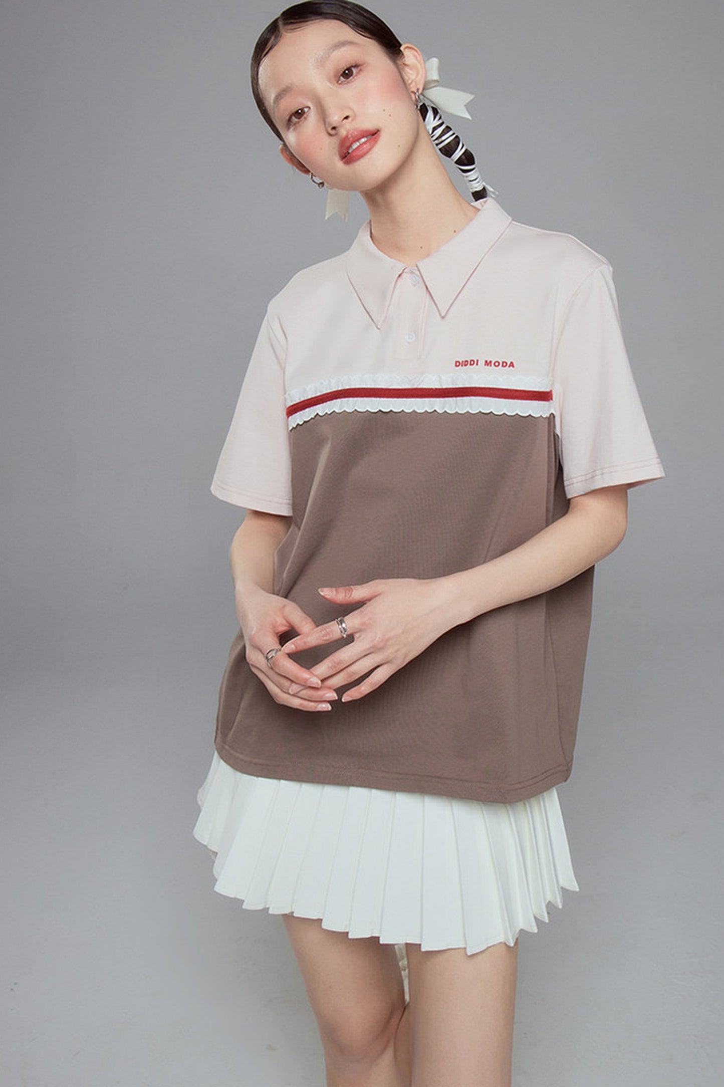 Color Block Lace Trim Cotton Polo