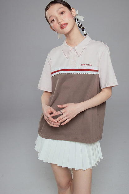 Color Block Lace Trim Cotton Polo