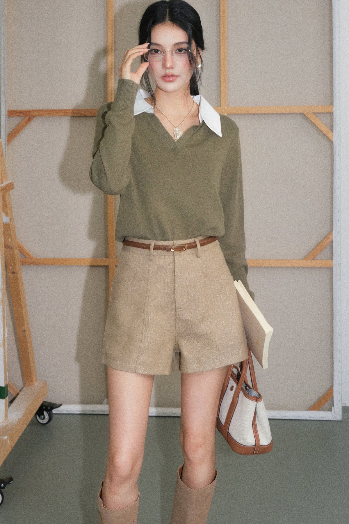 Light Camel Lapel Knit Top and White Pants Set-Up