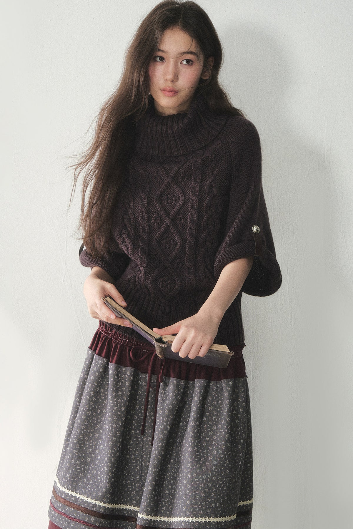 Berry Purple High-Neck Wool Knit Cape