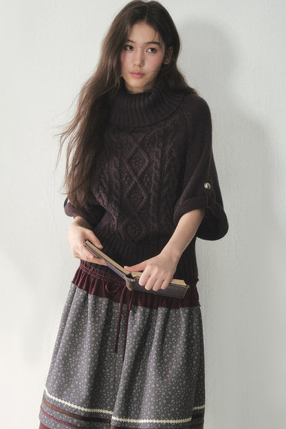 Berry Purple High-Neck Wool Knit Cape