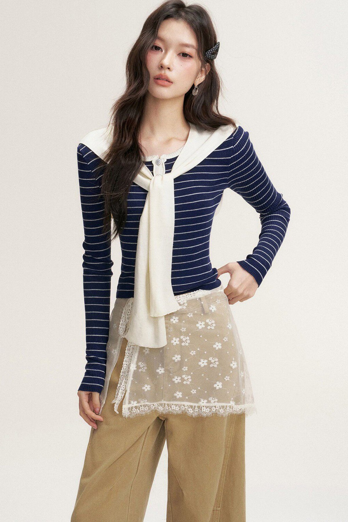 Striped Shawl Collar Long Sleeve Knit Sweater