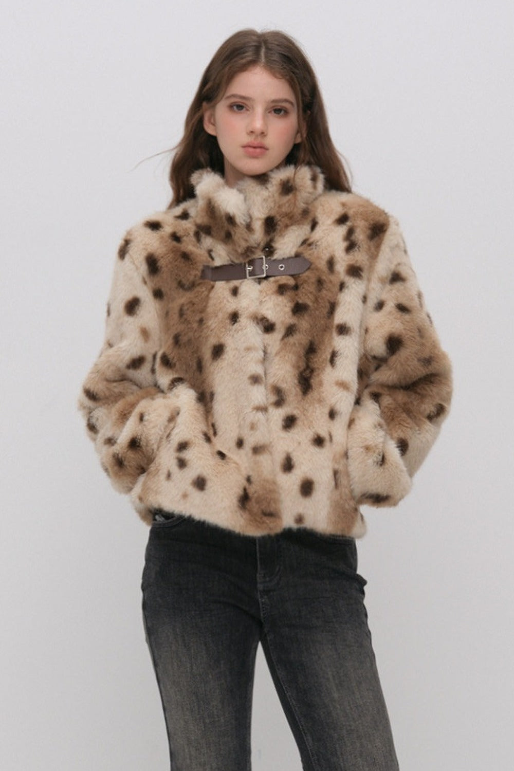 Cheetah Print Buckle Stand Collar Coat