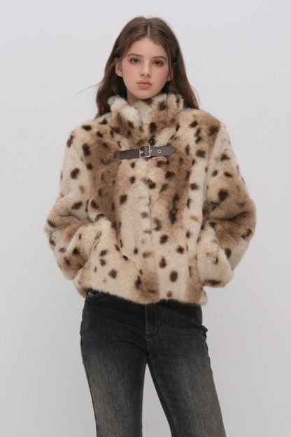 Cheetah Print Buckle Stand Collar Coat