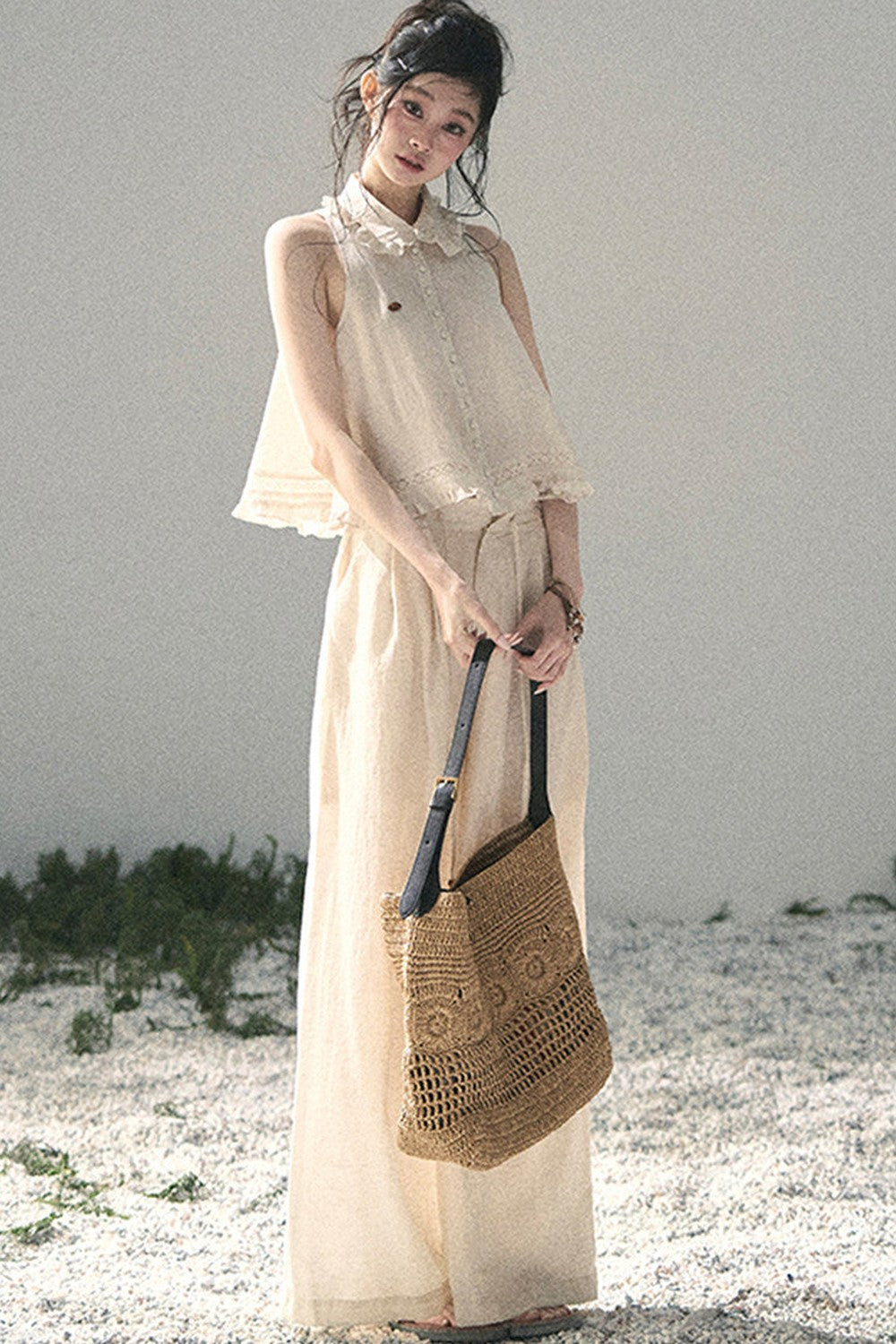 Conjunto de top de encaje francés y falda capullo