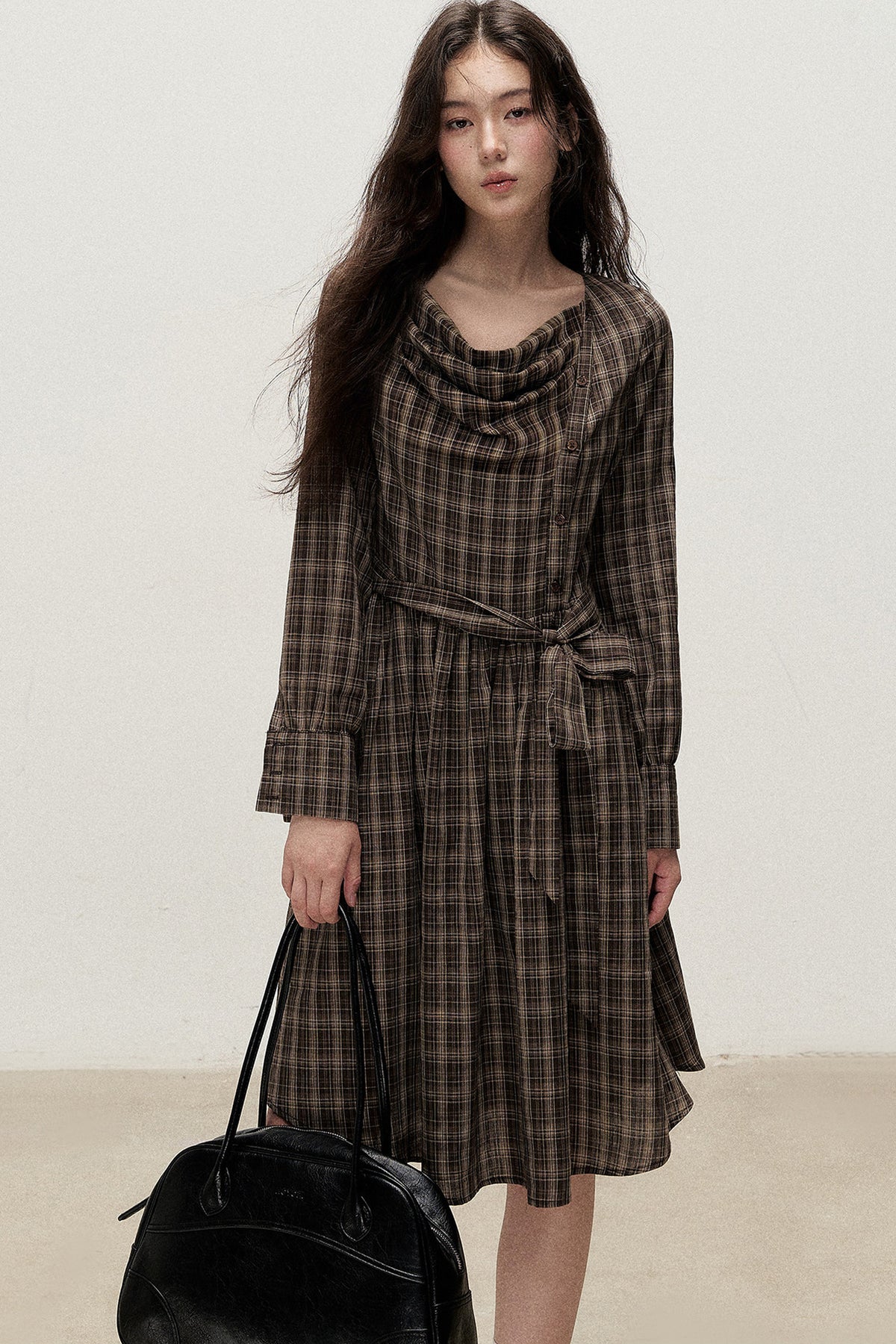 Diagonal Placket Plaid Ribbon Dress
