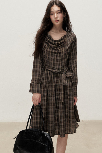 Diagonal Placket Plaid Ribbon Dress